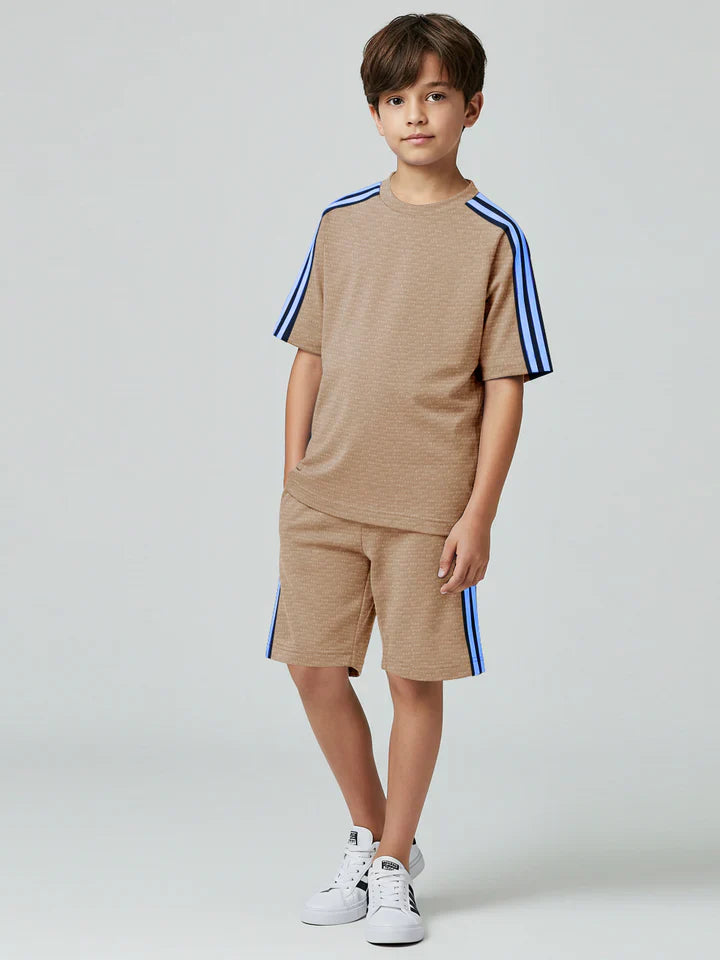 Summer T Shirt & Short Suit For Kids-Skin with Texture & Navy, Sky Stripe-BE3307/BR15745