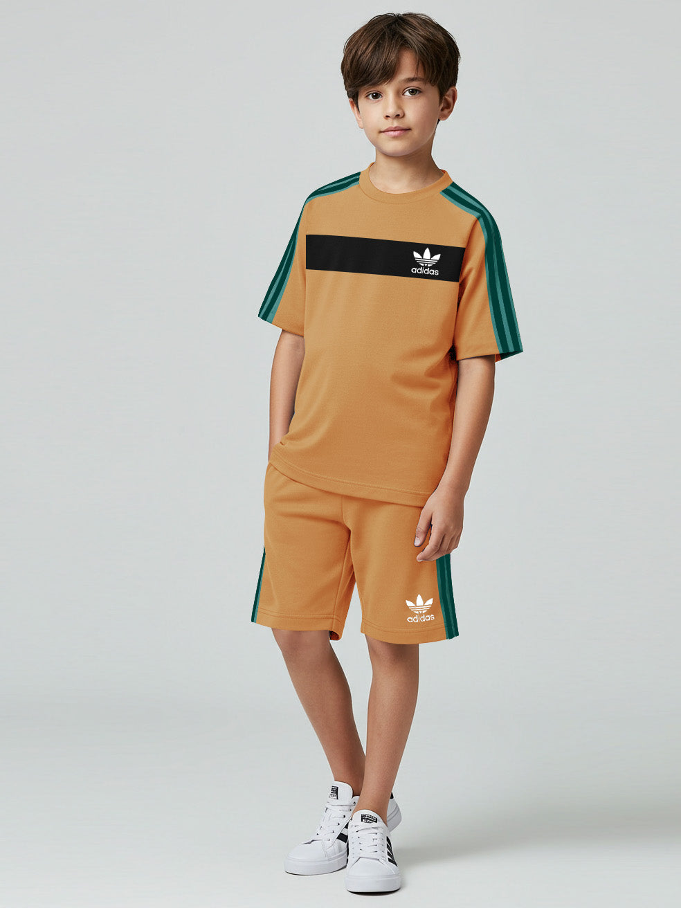 Ads Summer T Shirt & Short Suit For Kids-Khaki with Black & Green Stripe-BE3273/BR15711