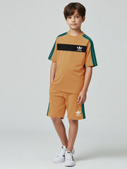 Ads Summer T Shirt & Short Suit For Kids-Khaki with Black & Green Stripe-BE3273/BR15711