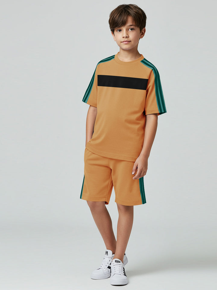 Ads Summer T Shirt & Short Suit For Kids-Khaki with Black & Green Stripe-BE3273/BR15711