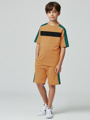 Ads Summer T Shirt & Short Suit For Kids-Khaki with Black & Green Stripe-BE3273/BR15711
