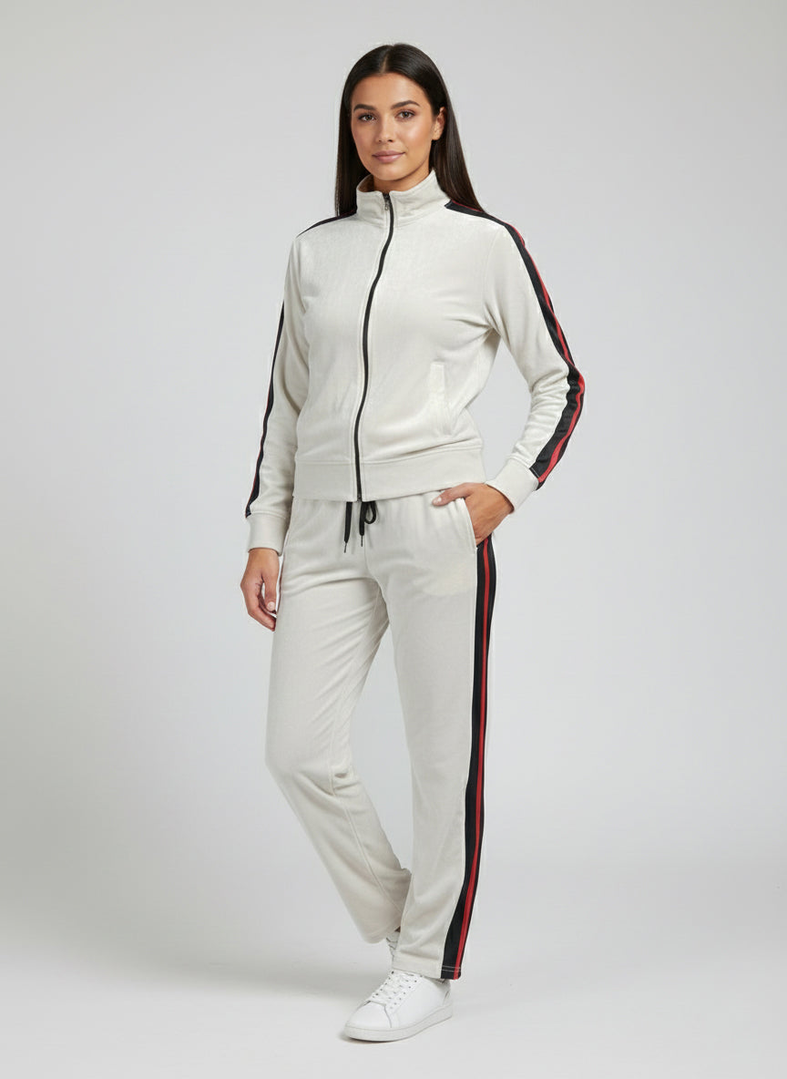 Louis Vicaci Terry Fleece Zipper Tracksuit For Ladies-Wheat With Black & Red Stripes-LVTS006