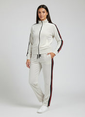 Louis Vicaci Terry Fleece Zipper Tracksuit For Ladies-Wheat With Black & Red Stripes-LVTS006