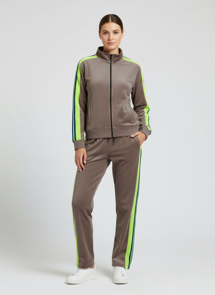 Louis Vicaci Fleece Zipper Tracksuit For Ladies-Dark Brown With Lime & Navy Stripes-LVTS007