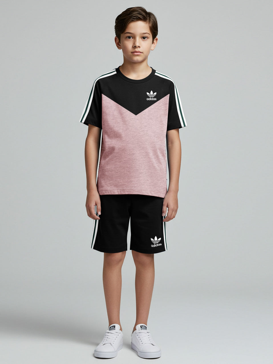 Ads Summer T Shirt & Short Suit For Kids-Pink Melange with Black & Green, White Stripe-BE3300/BR15738