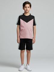 Ads Summer T Shirt & Short Suit For Kids-Pink Melange with Black & Green, White Stripe-BE3300/BR15738