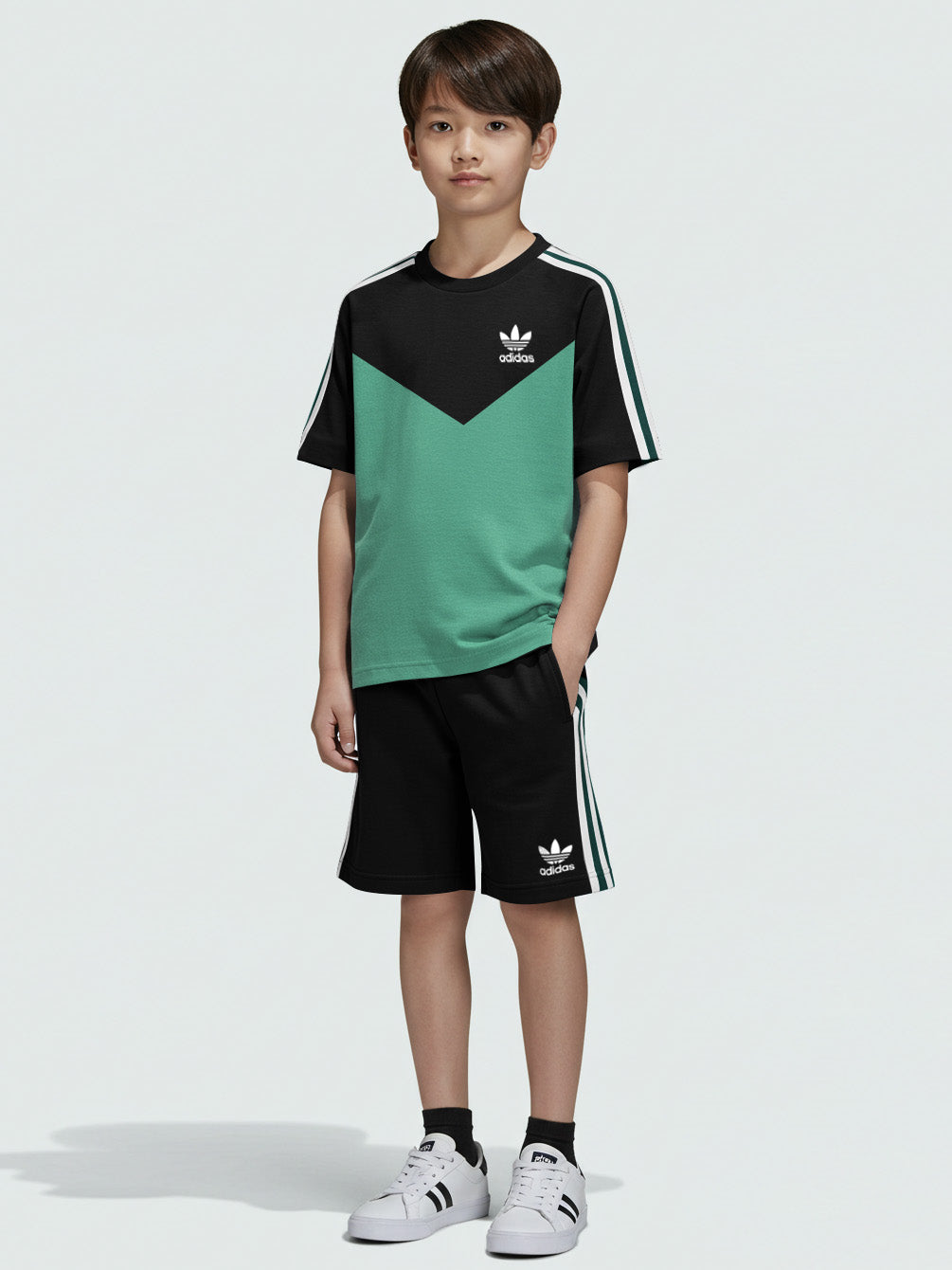 Ads Summer T Shirt & Short Suit For Kids-Mint Green with Black & Green, White Stripe-BE3299/BR15737