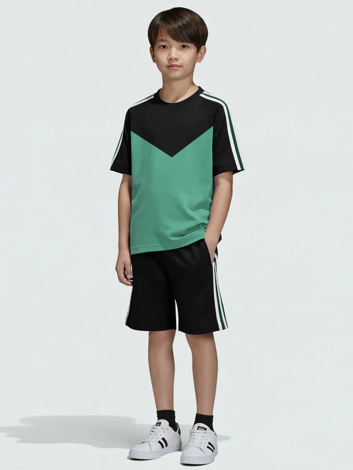 Ads Summer T Shirt & Short Suit For Kids-Mint Green with Black & Green, White Stripe-BE3299/BR15737
