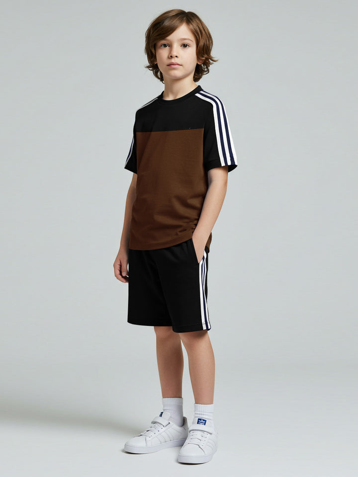 Ads Summer T Shirt & Short Suit For Kids-Brown with Black & White, Navy Stripe-BE3285/BR15723