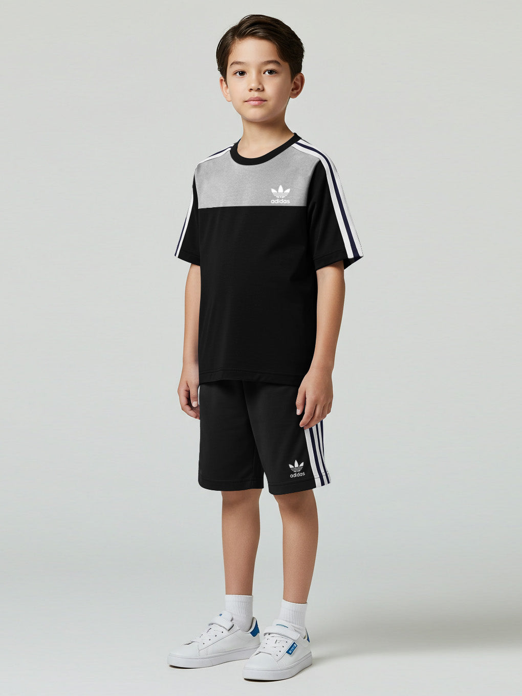 Ads Summer T Shirt & Short Suit For Kids-Black with Grey Melnage & White, Black Stripe-BE3284/BR15722