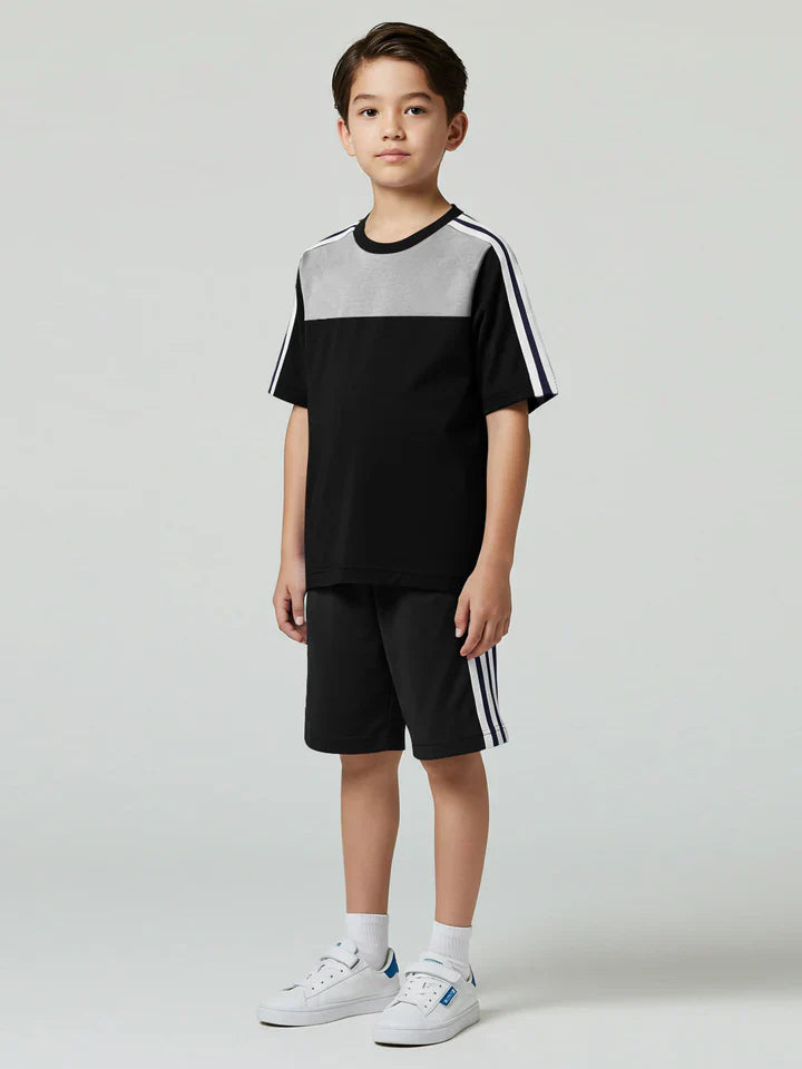 Ads Summer T Shirt & Short Suit For Kids-Black with Grey Melnage & White, Black Stripe-BE3284/BR15722