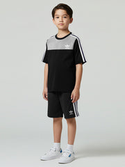 Ads Summer T Shirt & Short Suit For Kids-Black with Grey Melnage & White, Black Stripe-BE3284/BR15722