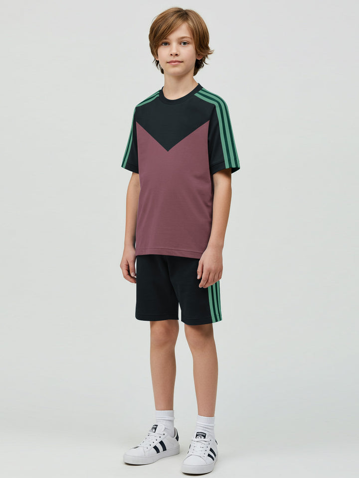 Ads Summer T Shirt & Short Suit For Kids-Tea Pink with Navy & Green Stripe-BE3298/BR15736