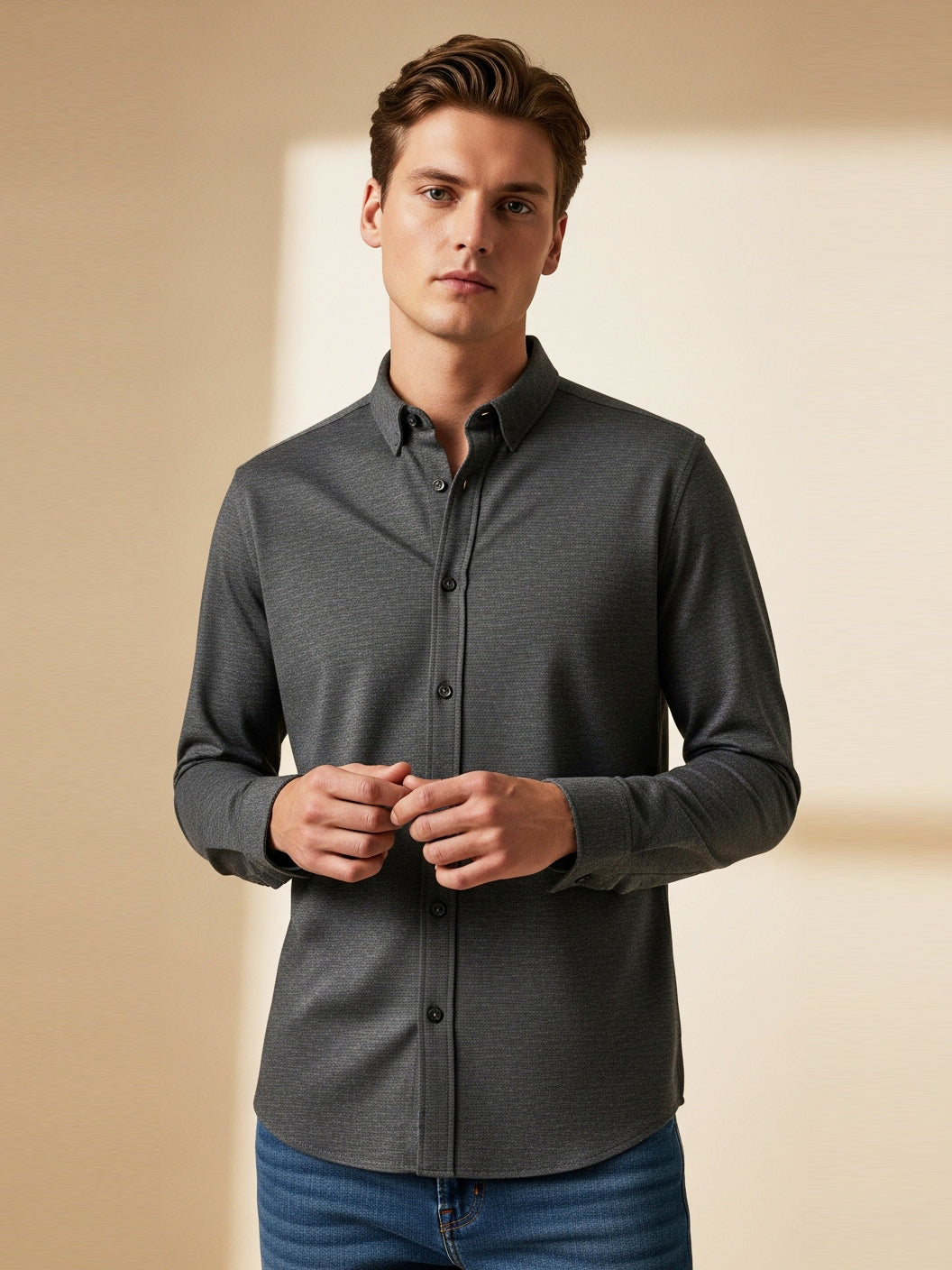 Louis Vicaci Long Sleeve Viscous  Casual Shirt For Men-Charcoal Melange-Z4CN