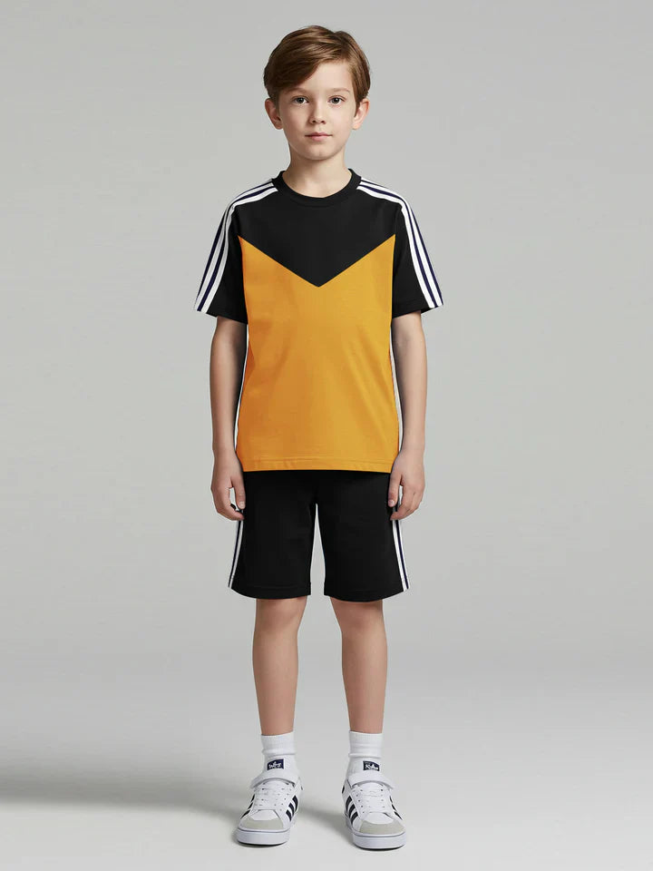 Ads Summer T Shirt & Short Suit For Kids-Black with Yellow & White, Navy Stripe-BE3280/BR15718