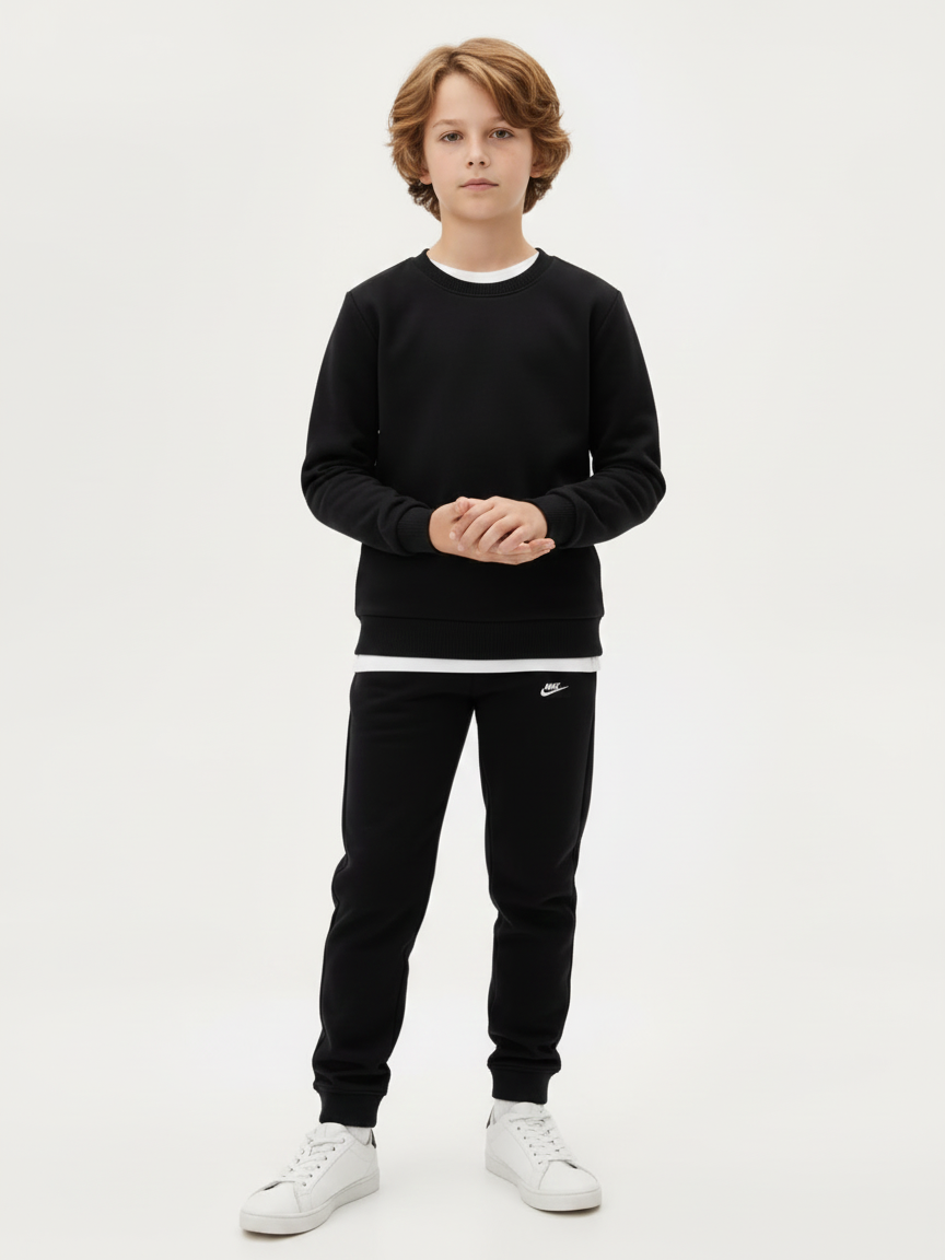 NK Terry Fleece Tracksuit For Kids-Black-NKS01