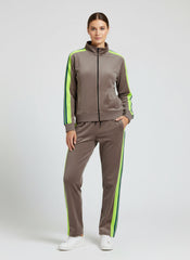 Louis Vicaci Fleece Zipper Tracksuit For Ladies-Dark Brown With Lime & Navy Stripes-LVTS007