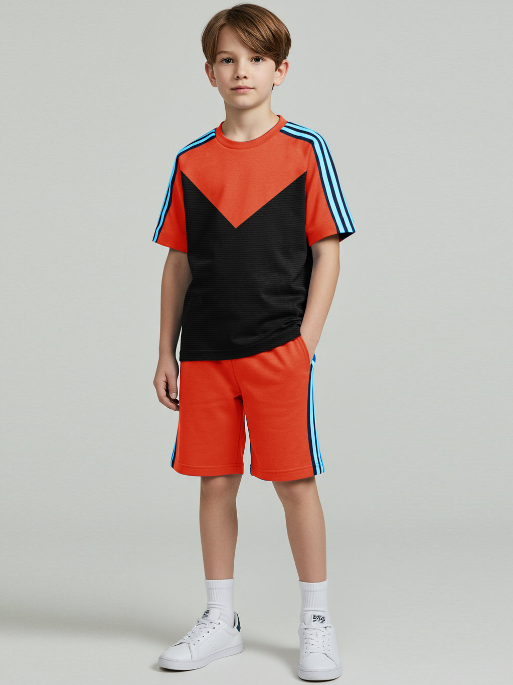 Summer T Shirt & Short Suit For Kids-Orange & Black Lining with Sky,Navy Stripe-BE3311/BR15749