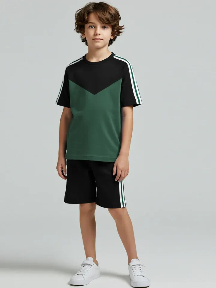 Ads Summer T Shirt & Short Suit For Kids-Forest Green with Black & White, Green Stripe-BE3291/BR15729