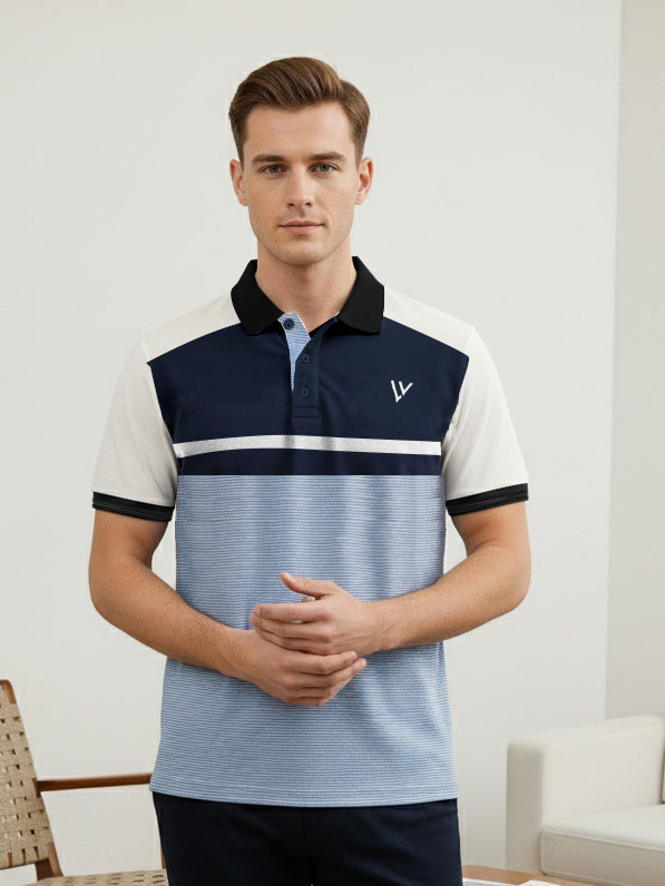 LV Summer Polo Shirt For Men-Sky with Navy & Off White Panel-BE880/BR13118