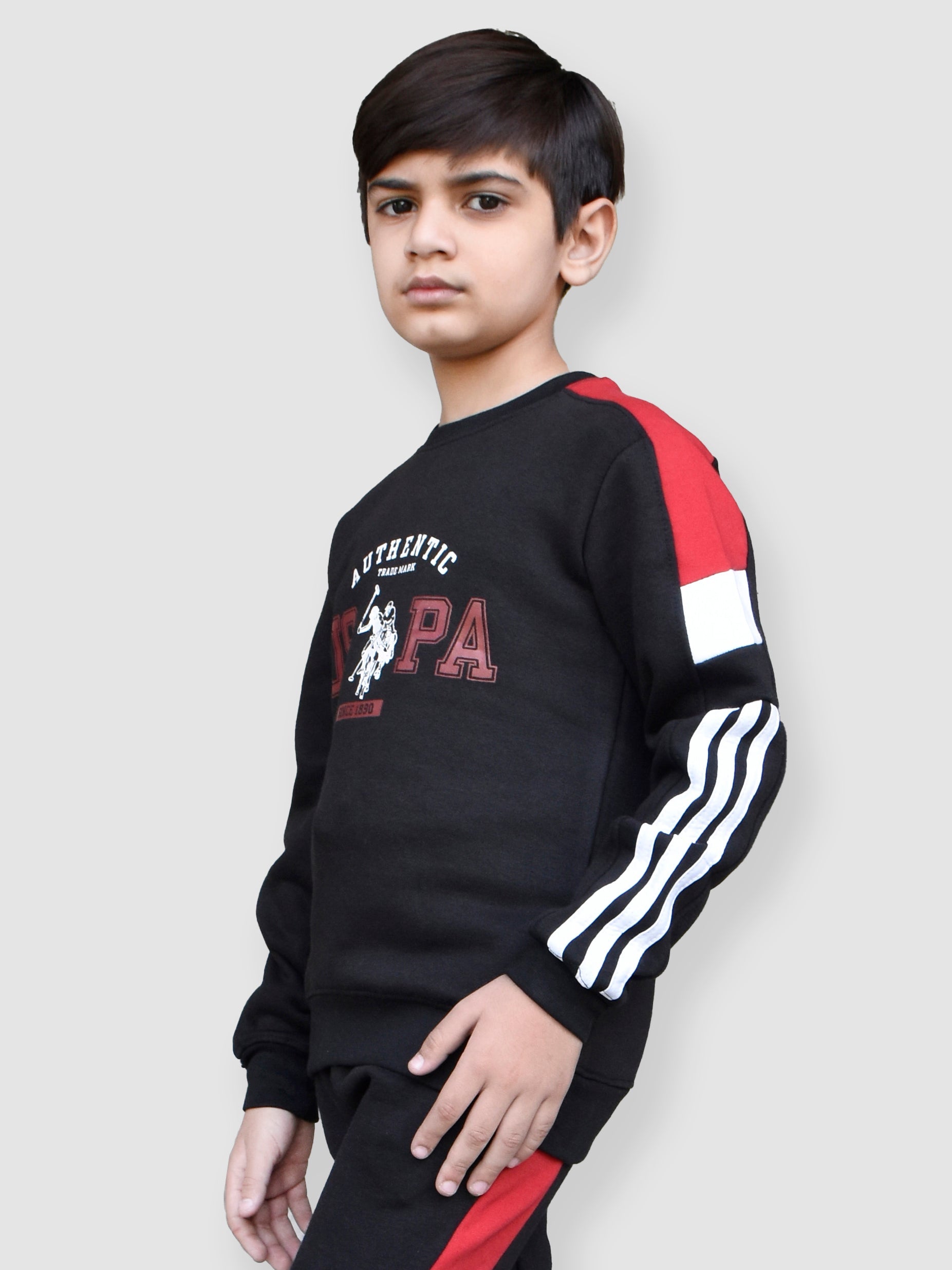 U.S Polo Assn Fleece Tracksuit For Kids-Black With Red-BR909