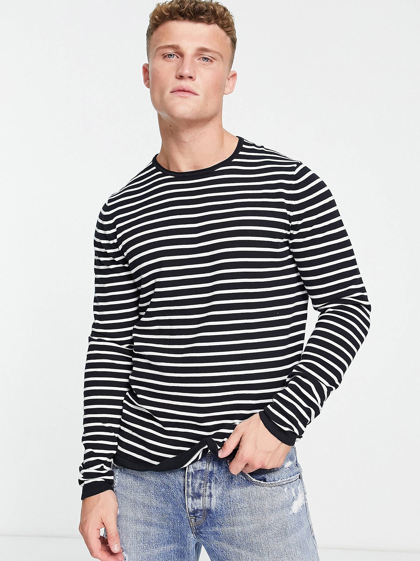 Aardo Fashion Wool Sweatshirt For Men-Dark Navy With White Stripes-SP1074/RT2218