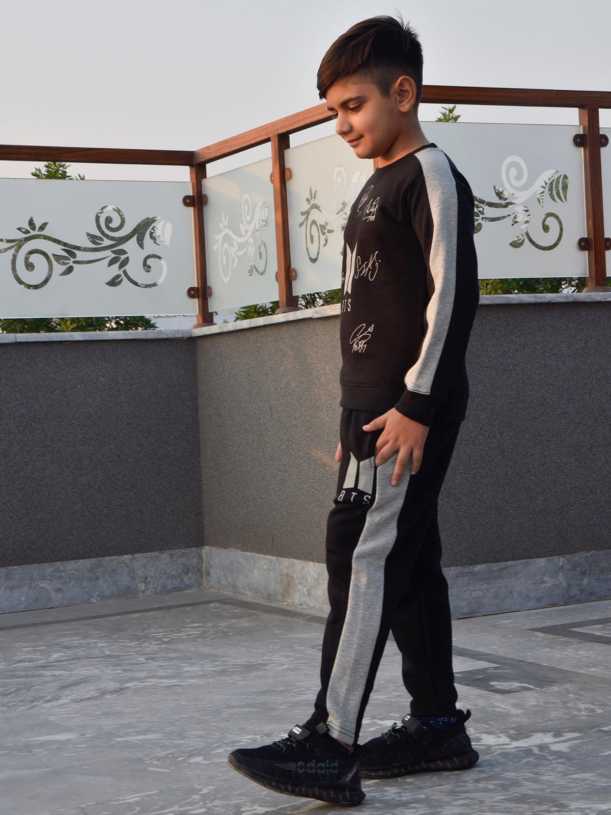 BTS Fleece Tracksuit For Kids-Black with Grey-BR868