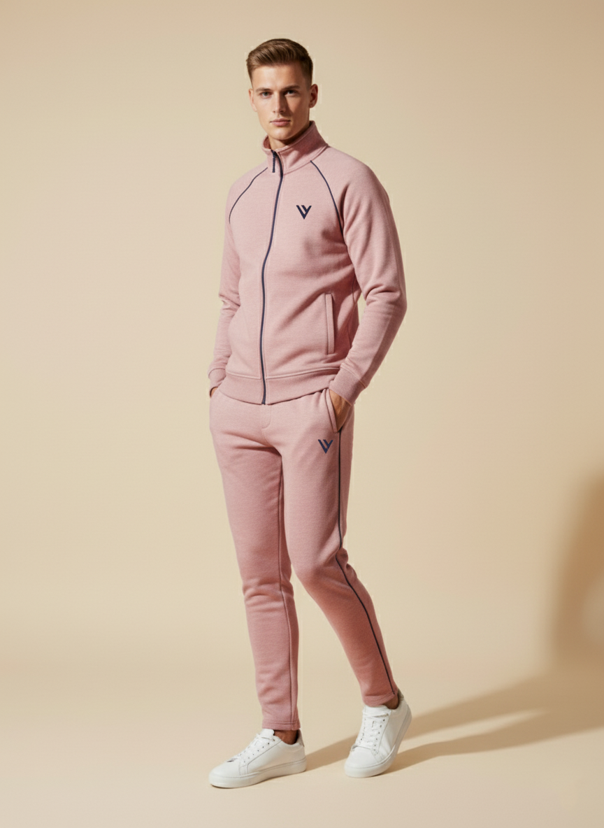 Louis Vicaci Fleece Zipper Tracksuit For Men-Light Peach Melange-LVTS01