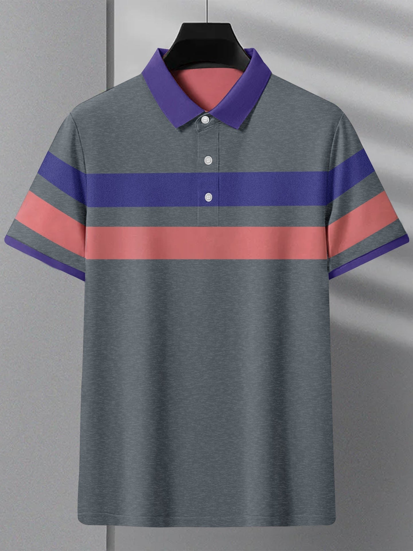 NXT Summer Polo Shirt For Men-Slate Blue Melange with Purple & Pink Stripe-SP1448/RT2336