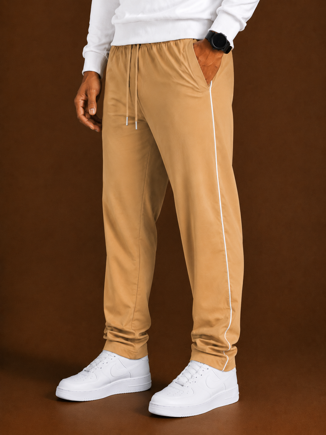 Stylish Regular Fit Both Season Trouser for men simple camel with white stripes tr16