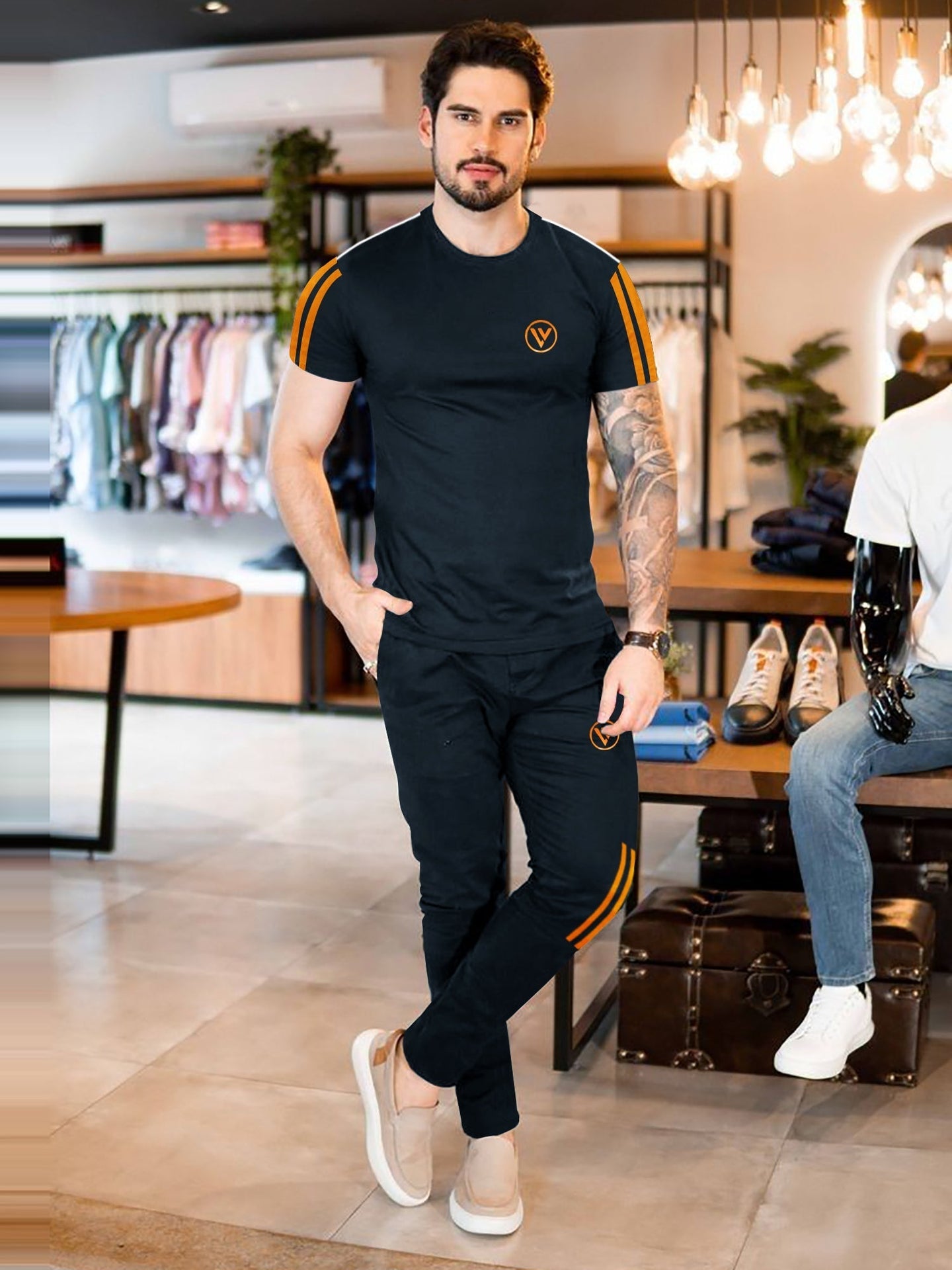 Louis Vicaci Summer Active Wear Tracksuit For Men-Navy with Orange & White Stripes-SP2000/RT2500