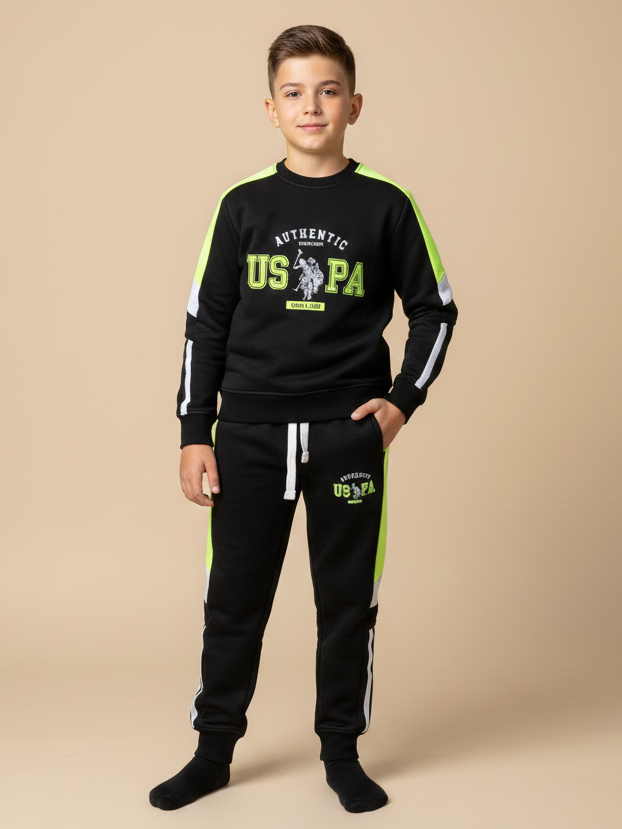 USP Fleece Tracksuit For Kids-Black-USPT04