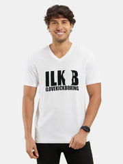 ILKB Viscose V Neck Tee Shirt For Men-White with Print-SP2349