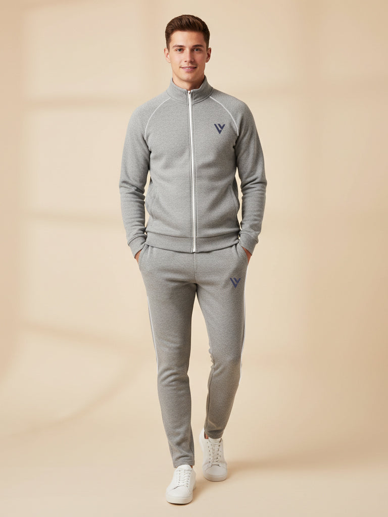 Louis Vicaci Fleece Zipper Tracksuit For Men-Grey Melange-LVTS03