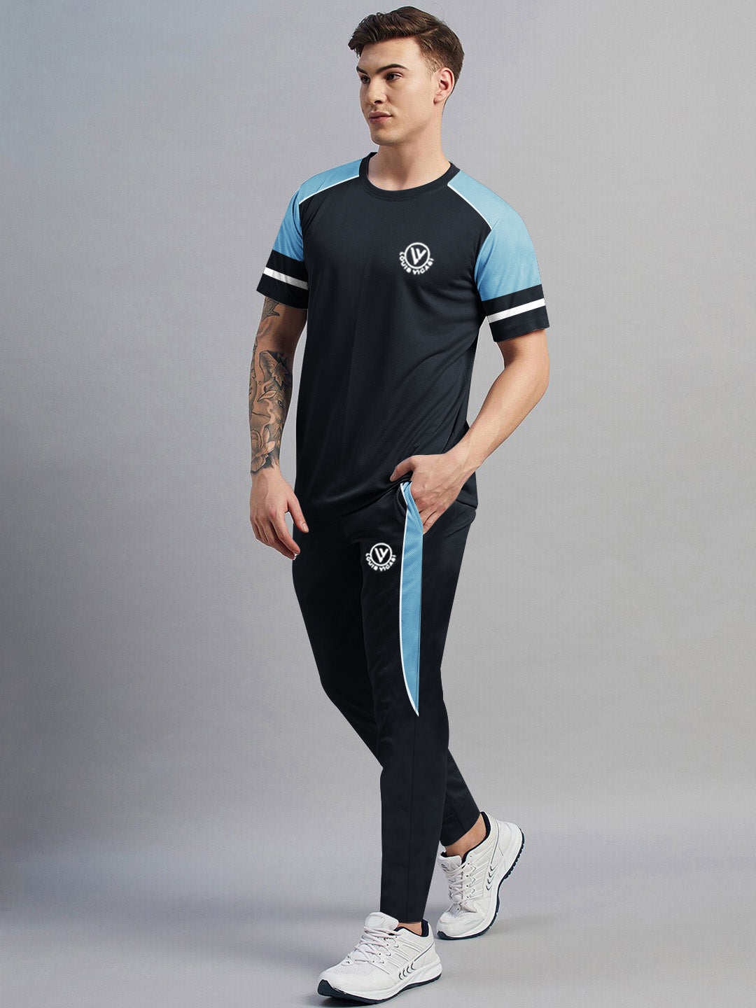 Louis Vicaci Summer Active Wear Tracksuit For Men-Navy with Sky Pannels-SP1744/RT2428