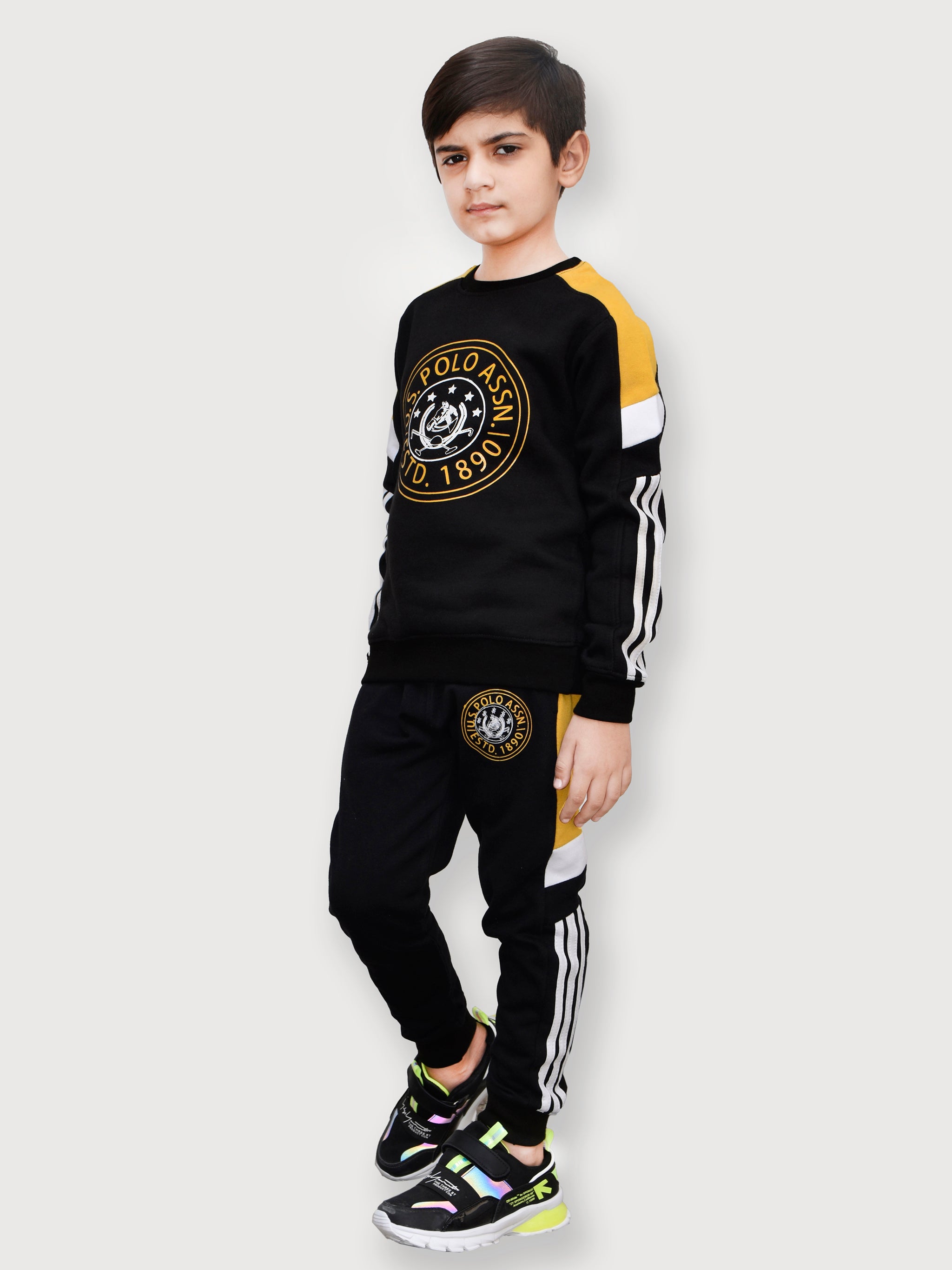 U.S Polo Assn Fleece Tracksuit For Kids-Back & Yellow-RT1218