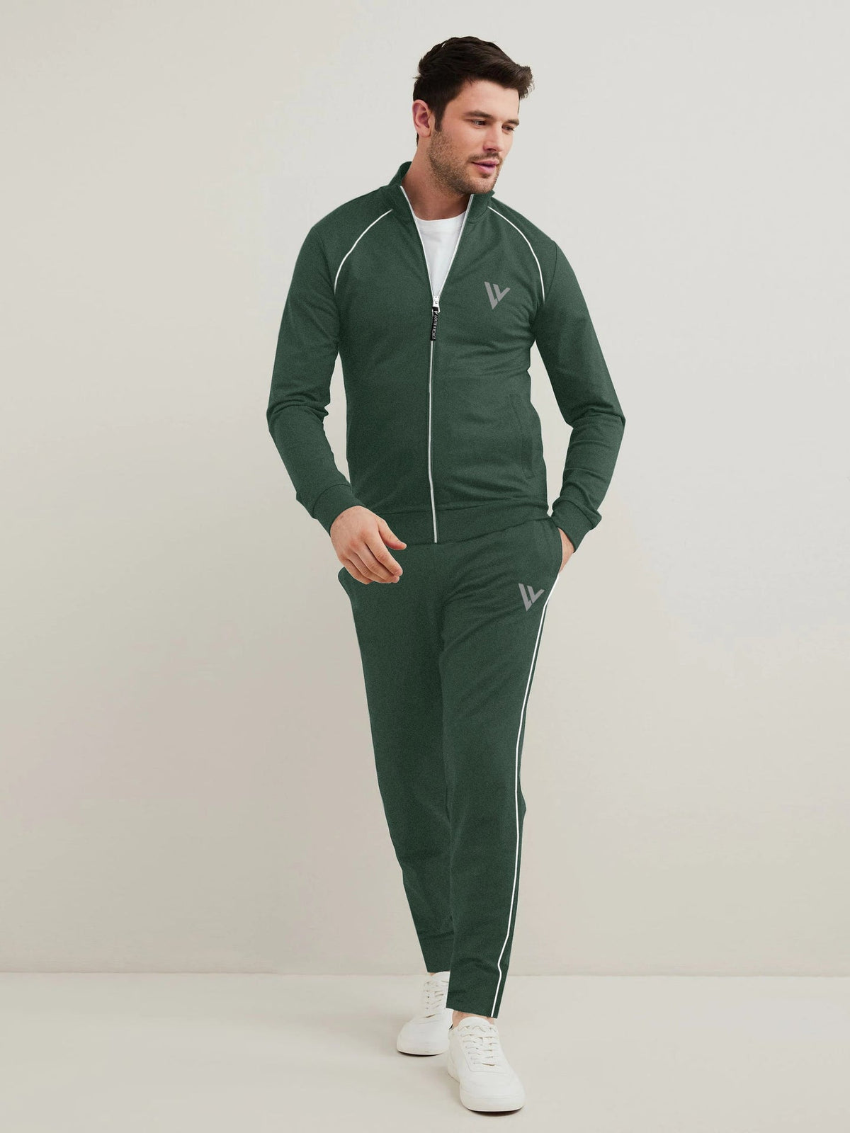 Louis Vicaci Fleece Zipper Tracksuit For Men-Green Melange-RT1381