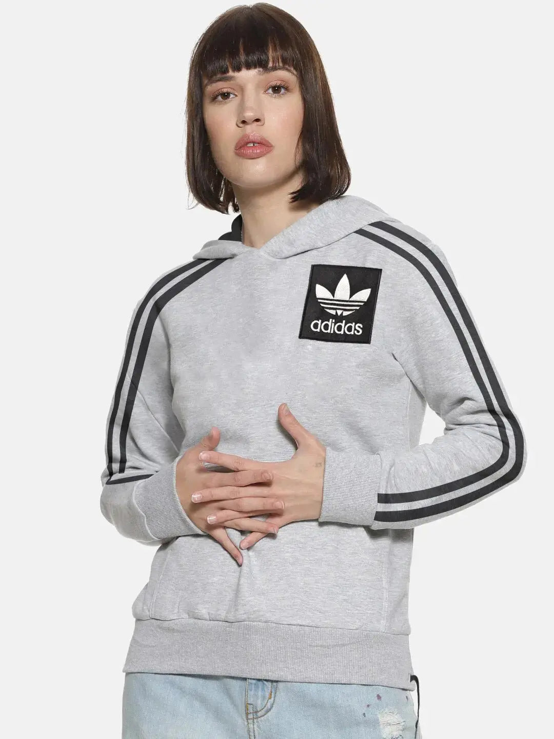 Adidas Fleece Pullover Hoodie For Ladies-Grey Melange With Black Lining-SP54