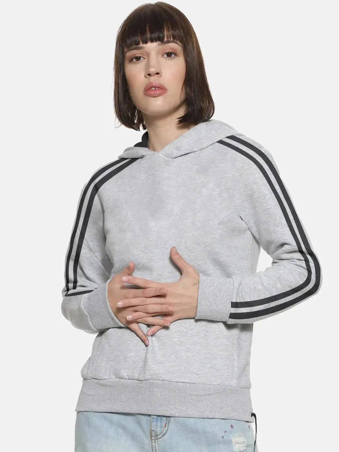 Adidas Fleece Pullover Hoodie For Ladies-Grey Melange With Black Lining-SP54