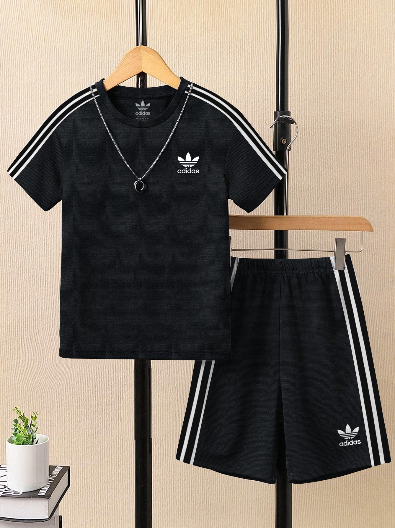 Ads Summer T Shirt & Short Suit For Kids-Black Melange with Stripe-BE3268/BR15705