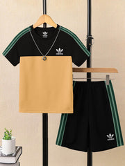 Ads Summer T Shirt & Short Suit For Kids-Black With Khaki-BE3266/BR15696