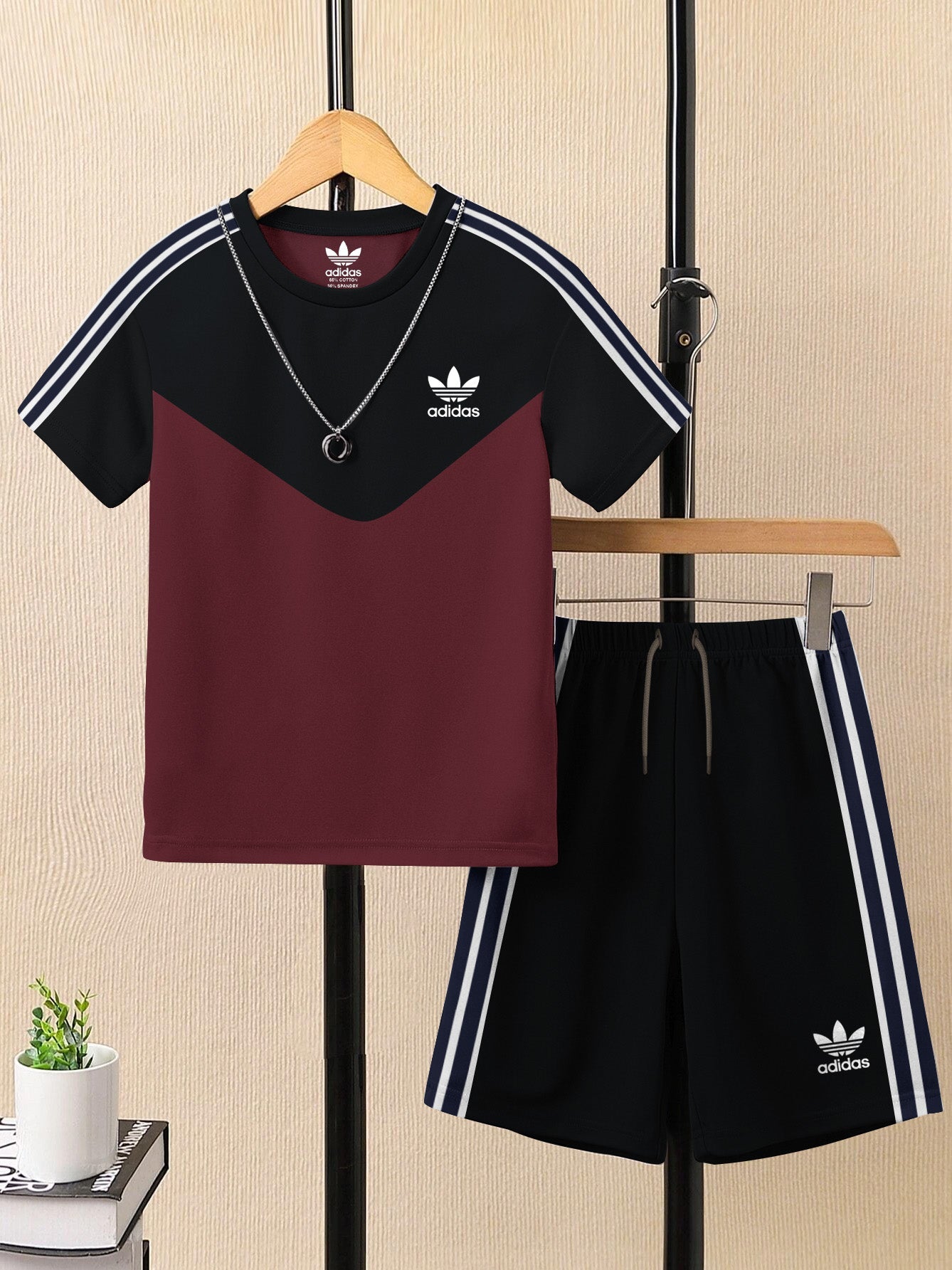 Ads Summer T Shirt & Short Suit For Kids-Black with Burgundy & White, Navy Stripe-BE3281/BR15719