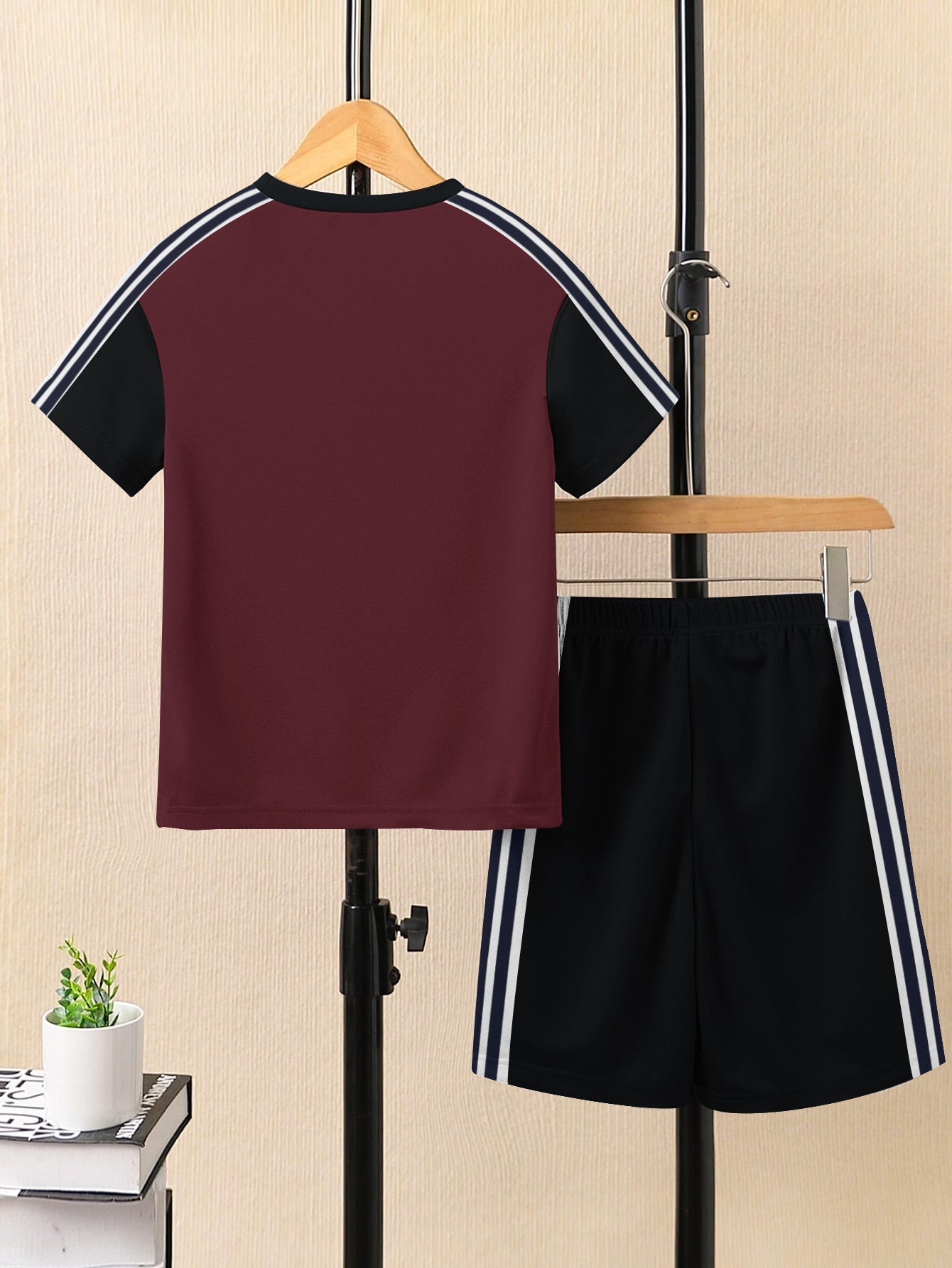 Ads Summer T Shirt & Short Suit For Kids-Black with Burgundy & White, Navy Stripe-BE3281/BR15719