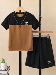 Ads Summer T Shirt & Short Suit For Kids-Black with Dark Camel-BE3283/BR15721