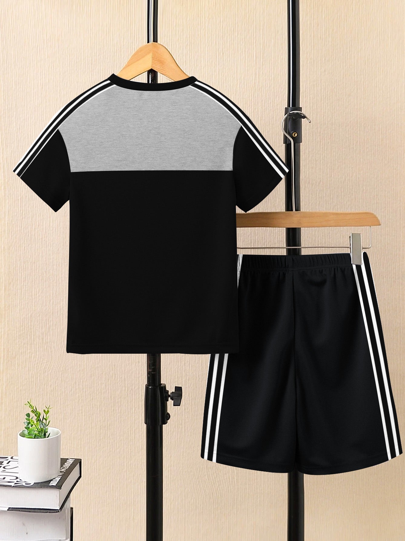 Ads Summer T Shirt & Short Suit For Kids-Black with Grey Melnage & White, Black Stripe-BE3284/BR15722