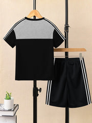 Ads Summer T Shirt & Short Suit For Kids-Black with Grey Melnage & White, Black Stripe-BE3284/BR15722