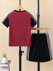 Ads Summer T Shirt & Short Suit For Kids-Black with Maroon & White, Navy Stripe-BE3279/BR15717