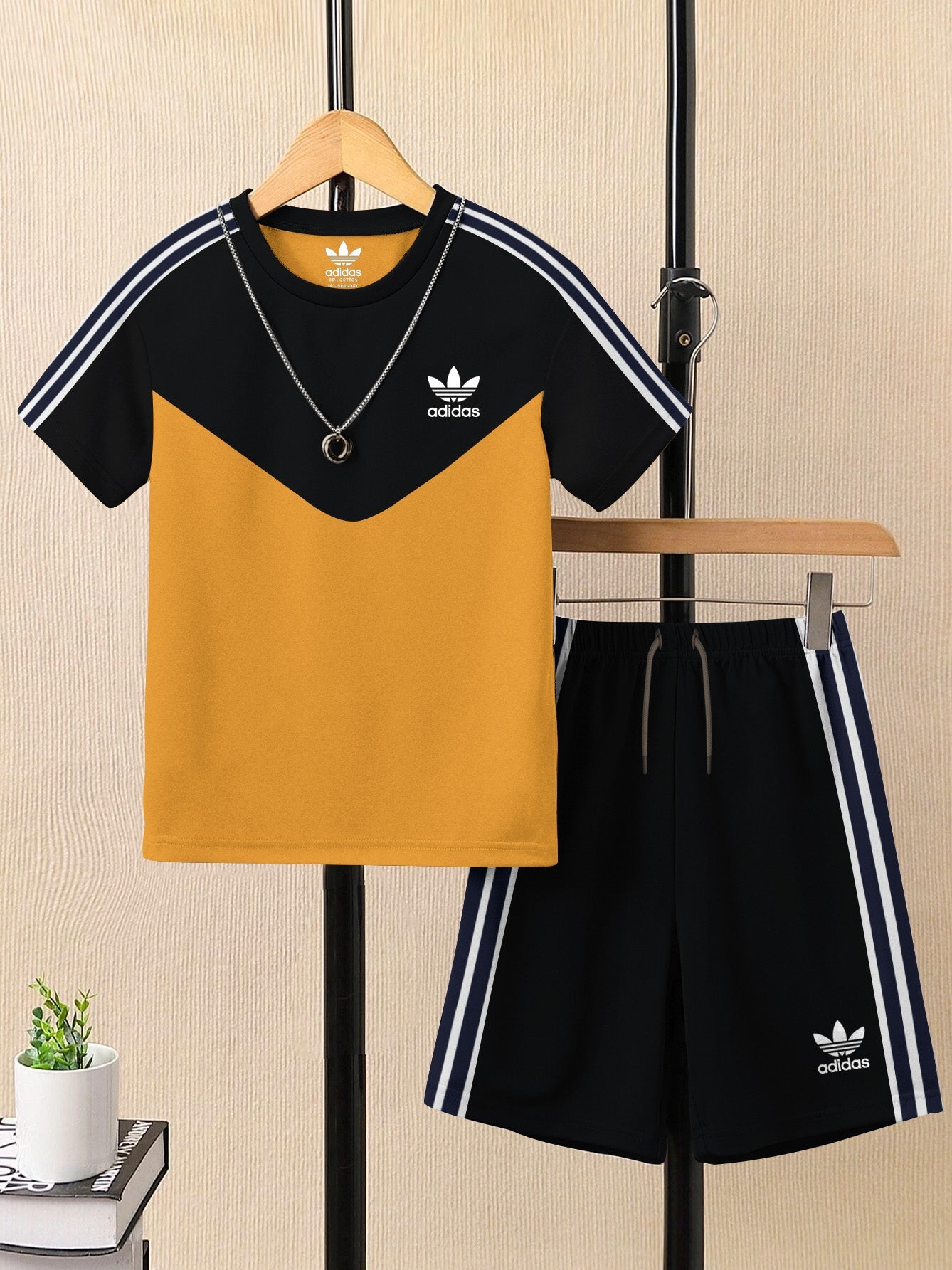 Ads Summer T Shirt & Short Suit For Kids-Black with Yellow & White, Navy Stripe-BE3280/BR15718