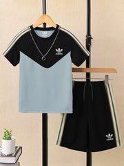 Ads Summer T Shirt & Short Suit For Kids-Bond Blue with Black & Brown, Skin Stripe-BE3303/BR15741
