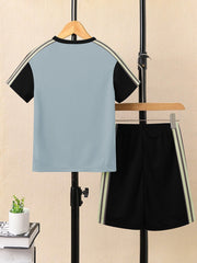 Ads Summer T Shirt & Short Suit For Kids-Bond Blue with Black & Brown, Skin Stripe-BE3303/BR15741
